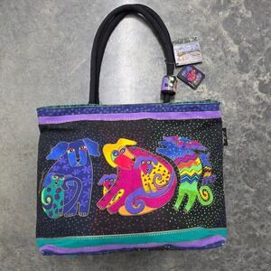 NOS Laurel Burch Dogs Whimsical Colorful Tote Bag Black Fabric Bead‎ Accent